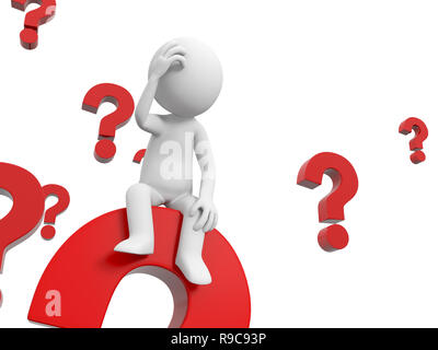 3D-Menschen ist das Denken in einem Haufen Fragezeichen Stockfoto