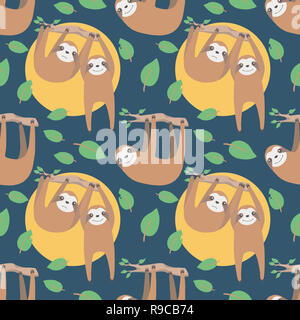 Cute Cartoon Stil Faultier nahtlose Muster auf dunkelblauem Hintergrund Stockfoto