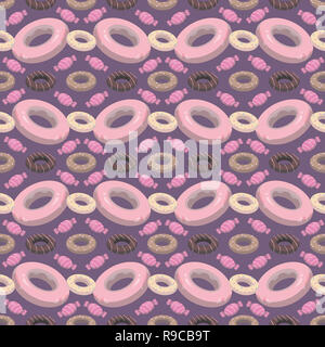 Spaß purple cute Cartoon Stil nahtlose Donuts & candy Abbildung Stockfoto