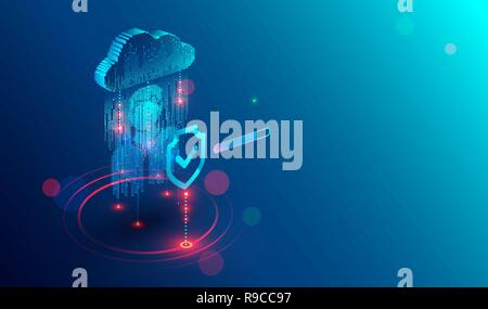 Sicherheit und Datenschutz im Internet. Symbol der Schirm Schutz von Symbol Mann, der Aus-stelligen Code. Der Schutz personenbezogener Daten in der Cloud Storage. Cyber Security tech Konzept. Stock Vektor