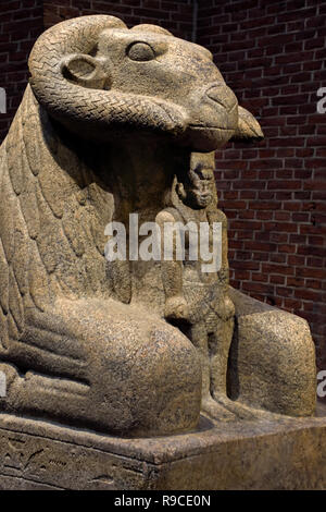 Alte ägyptische Granit-Ram-Statue des Gottes Amun, die den König Taharqa schützt, kuschitischer Pharao der 25. Dynastie 690–664 v. Chr., Britisches Museum London. Stockfoto