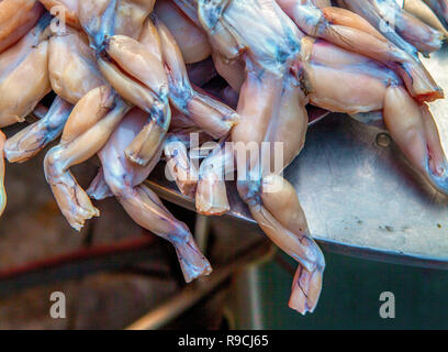 Chinesische Wasserfrosch, Ostasiatische Bullfrog, oder Taiwanesischen Frosch, Hoplobatrachus rugulosus, zum Verkauf an einer Garküche. Stockfoto