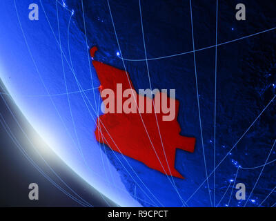 Angola auf Blau digital Planet Erde vom Weltraum aus mit Netzwerk. Konzept der internationalen Kommunikation, Technik und Reisen. 3D-Darstellung. Elemente Stockfoto