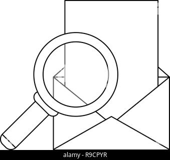 Lupe auf Umschlag Mail in Schwarz und Weiß Stock Vektor