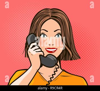 Glückliches Mädchen oder Junge Frau am Telefon zu sprechen. Das Gespräch. Pop Art retro Comic Stil, Vektor Stock Vektor