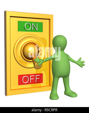 Marionette, drehte sich Hebel auf Position OFF. Auf weissem Hintergrund Stockfoto