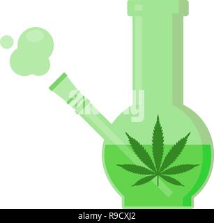 Glas Bong zum Rauchen. Grüne Bong mit Marihuana. Isolierte Vector Illustration auf weißem Hintergrund. Stock Vektor