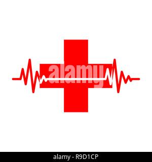 Medizinische Kreuz mit heartbeat Symbol im flachen Stil. Vector Illustration. Rote medizinische Symbol isoliert Stock Vektor