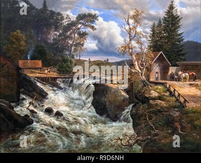 Die Upper Falls der Honefoss (Landskap med Foss) von J C Dahl (Johan Christian Dahl Claussen: 1788-1857), Öl auf Leinwand, 1835 Stockfoto