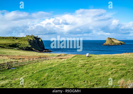 Die Tulm Insel, duntulm Bucht und die Burgruinen auf die Isle of Skye - Schottland. Stockfoto