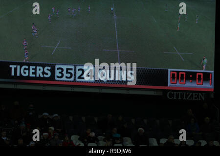 Leicester, Großbritannien: 22. Dez 2018. Die Finalscore während der Premiership Runde 10 Spiel zwischen Leicester Tigers (35) und Harlekine rfc (24) © Phil Hutchinson/Alamy leben Nachrichten Stockfoto