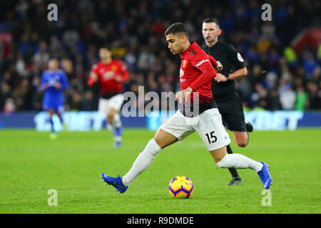 Cardiff, Großbritannien. 22 Dez, 2018. Andreas Pereira von Manchester United in der Premier League Match zwischen Cardiff City und Manchester United an der Cardiff City Stadium, Cardiff, Wales am 22. Dezember 2018. Foto von Dave Peters. Nur die redaktionelle Nutzung, eine Lizenz für die gewerbliche Nutzung erforderlich. Keine Verwendung in Wetten, Spiele oder einer einzelnen Verein/Liga/player Publikationen. Credit: UK Sport Pics Ltd/Alamy leben Nachrichten Stockfoto