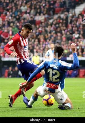 Madrid, Spanien. 22 Dez, 2018. Atletico de Madrid Engel Correa (L) konkurriert mit der RCD Espanyol Didac Vila während der spanischen Liga Match zwischen Atletico de Madrid und der RCD Espanyol in Madrid, Spanien, am Dez. 22, 2018. Atletico de Madrid gewann 1:0. Credit: Edward F. Peters/Xinhua/Alamy leben Nachrichten Stockfoto