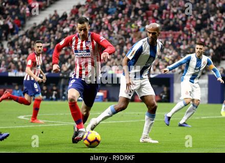 Madrid, Spanien. 22 Dez, 2018. Atletico de Madrid Nikola Kalinic (L) und des RCD Espanyol Naldo (vorn R) konkurrieren, während eines Spanischen Liga Match zwischen Atletico de Madrid und der RCD Espanyol in Madrid, Spanien, am Dez. 22, 2018. Atletico de Madrid gewann 1:0. Credit: Edward F. Peters/Xinhua/Alamy leben Nachrichten Stockfoto