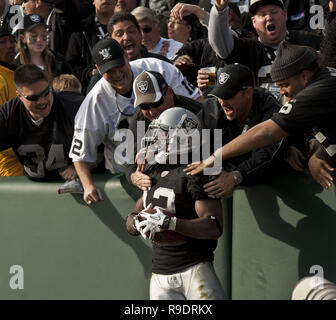 Oakland, Kalifornien, USA. 28 Nov, 2010. Menge feiert Touchdown mit der Oakland Raiders, wide receiver Jacoby Ford #12 am Sonntag, 28. November 2010, im Oakland-Alameda County Coliseum in Oakland, Kalifornien. Die Delphine besiegt die Räuber 33-17. Credit: Al Golub/ZUMA Draht/Alamy leben Nachrichten Stockfoto