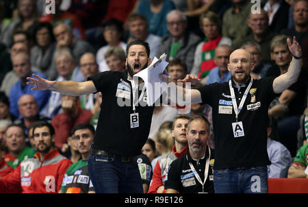 Magdeburg, Deutschland. 23 Dez, 2018. Handball: Bundesliga, SC Magdeburg - Füchse Berlin, 18. Spieltag. Magdeburg Trainer Bennet Wiegert (l) und sein Assistent Yves Grafenhorst (r) reagieren. Credit: Ronny Hartmann/dpa-Zentralbild/dpa/Alamy leben Nachrichten Stockfoto