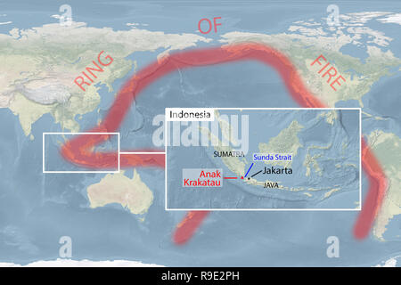 Welt. 23 Dez, 2018. Weltkarte zeigt Pacific 'Ring Of Fire', Anak Krakatau Volcano, Sunda Strait in Indonesien (nur Bild zur Veranschaulichung). Ein tsunami Küstenstädte auf der indonesischen Inseln Sumatra und Java nach einem Unterseeischen Erdrutsch geglaubt, durch den Ausbrechenden Anak Krakatau Volcano, Sunda Strait verursacht. Credit: Andre M. Chang/ARDUOPRESS/Alamy leben Nachrichten Stockfoto