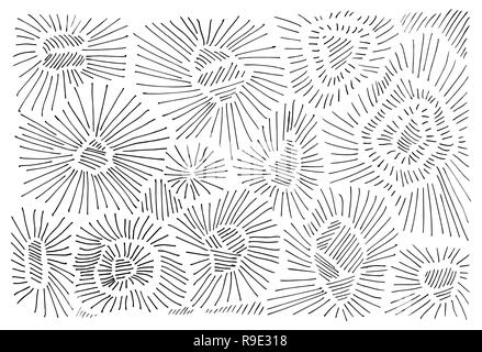 Abstrakte schwarze Muster. Dunklen Schraffur Textur. Strahlende hand gezogenen Linien, Stiche, sunburst, chaotischen Kratzer Muster. Helle unregelmässige Gravur Linien. Textil-, Hintergrundbild, Hintergrundfarbe Stock Vektor