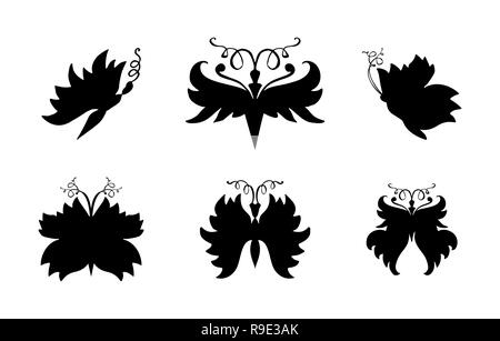 Schmetterlinge schwarze Silhouetten. Fliegende Insekten Hand gezeichnet Kollektion für Laserschneiden. Schmetterlinge mit Flügeln für die Dekoration. Poster, Logo, Typografie Design Elemente. Isolierte vektor Zeichen