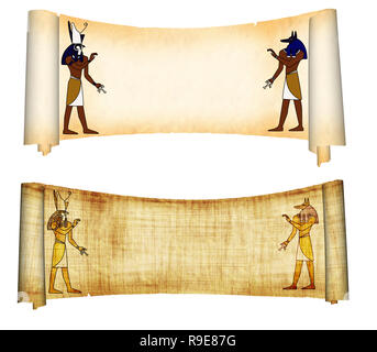 Schriftrollen mit ägyptischen Götter Bilder - Anubis und Horus. Objekt über Weiß Stockfoto