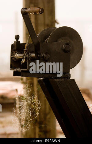 Spinnennetz auf einem alten Holz und Metall Stockfoto