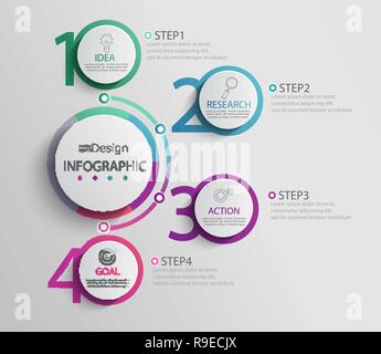 Papier Infografik Vorlage mit 4 runden Kreis Optionen für die Präsentation und Visualisierung von Daten. Business Process Chart. Diagramm mit vier Schritte zum Erfolg. für Inhalte, Flussdiagramm, Workflow. Vektor Stock Vektor