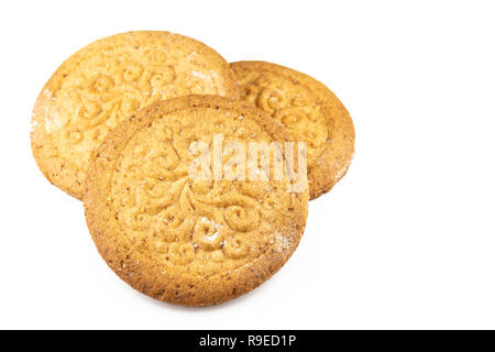 Drei runde Lebkuchen mit Mustern isoliert auf weißem Stockfoto