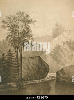 Antike c 1890 Grau malen eines Streams mit Felsbrocken und Bäumen. Quelle: ORIGINAL GEMÄLDE Stockfoto