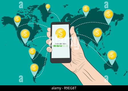 Geld senden mit einem Smartphone. Vector Illustration. Geld senden, konzeptionelle Banner. Stock Vektor