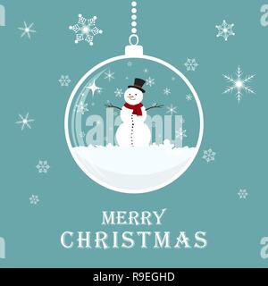 Weihnachten Grußkarten mit abstrakten Glas Christmas Ball. Vector Illustration. Hängende Weihnachtskugel mit Schneemann und Schneeflocken Stock Vektor