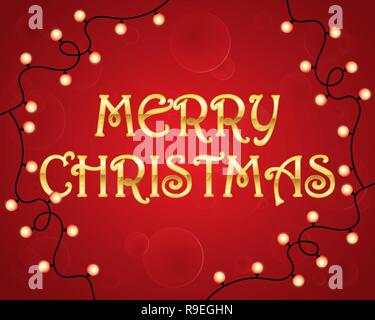 Frohe Weihnachten Hintergrund. Vector Illustration. Urlaub Grußkarte mit gold Schriftzug und girlande auf rotem Hintergrund. Stock Vektor