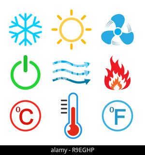 Satz von Klimaanlage Symbole. Vector Illustration. Heiß, kalt, Luft, Strom und Temperatur Stock Vektor