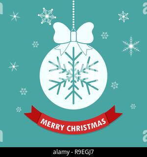 Weihnachten Grußkarten mit abstrakten Christmas Ball. Vector Illustration. Hängende Christmas Ball mit Schneeflocken und Red Ribbon Stock Vektor