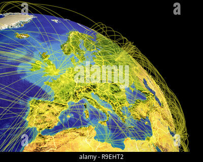 Westeuropa aus dem Weltraum mit Ländergrenzen und Flugbahnen, die globale Kommunikation, Reisen, Verbindungen. 3D-Darstellung. Elemente der t Stockfoto