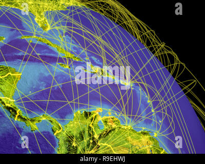 Karibik aus dem Weltraum mit Ländergrenzen und Flugbahnen, die globale Kommunikation, Reisen, Verbindungen. 3D-Darstellung. Elemente dieser i Stockfoto