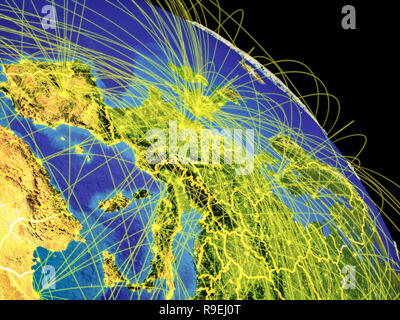 Westeuropa aus dem Weltraum mit Ländergrenzen und Flugbahnen, die globale Kommunikation, Reisen, Verbindungen. 3D-Darstellung. Elemente der t Stockfoto