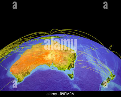 Australien auf dem Planeten Erde mit Trajektorien, die internationale Kommunikation, Reisen, Verbindungen. 3D-Darstellung. Elemente dieses Bild Fell Stockfoto