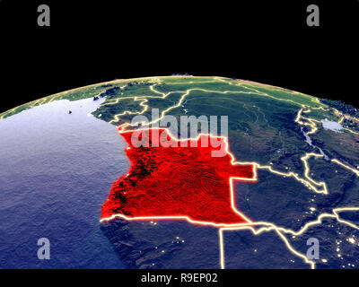 Angola aus dem Weltraum auf dem Planeten Erde bei Nacht mit hellen Lichter der Stadt. Detaillierte Plastic Planet Oberfläche mit echten Berge. 3D-Darstellung. Elemente der Stockfoto