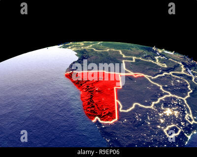 Namibia von Platz auf dem Planeten Erde bei Nacht mit hellen Lichter der Stadt. Detaillierte Plastic Planet Oberfläche mit echten Berge. 3D-Darstellung. Elemente der Stockfoto