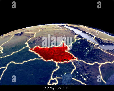 Der Süden des Sudan aus dem Weltraum auf dem Planeten Erde bei Nacht mit hellen Lichter der Stadt. Detaillierte Plastic Planet Oberfläche mit echten Berge. 3D-Darstellung. Element Stockfoto