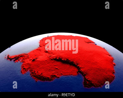 Antarktis vom Platz auf dem Planeten Erde bei Nacht mit hellen Lichter der Stadt. Detaillierte Plastic Planet Oberfläche mit echten Berge. 3D-Darstellung. Elemente Stockfoto