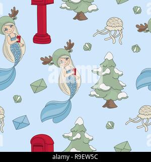 MERMAID SCHREIBEN MUSTER Nahtlose neues Jahr Color Vector Illustration für Wanddekoration, Scrapbooking, Baby Buch, Fotoalben und Karte drucken Stock Vektor