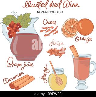 Nicht ALCO GLÜHWEIN Frohe Weihnachten Vektor-illustration Rezept für Drucken, Begrüßung und Dekoration Stock Vektor