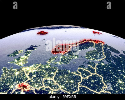 EFTA-Länder aus dem Weltraum auf dem Planeten Erde bei Nacht mit hellen Lichter der Stadt. Detaillierte Plastic Planet Oberfläche mit echten Berge. 3D-Darstellung. Elem Stockfoto