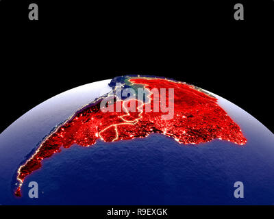Mercosur Mitglieder aus dem Weltraum auf dem Planeten Erde bei Nacht mit hellen Lichter der Stadt. Detaillierte Plastic Planet Oberfläche mit echten Berge. 3D-Darstellung. E Stockfoto