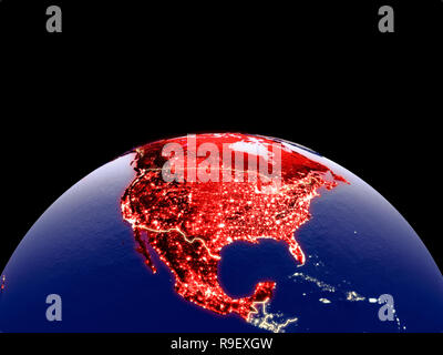 NAFTA-Mitglied staaten von Platz auf dem Planeten Erde bei Nacht mit hellen Lichter der Stadt. Detaillierte Plastic Planet Oberfläche mit echten Berge. 3D-Darstellung Stockfoto