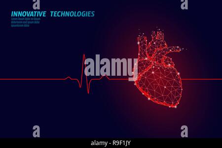 Gesunde menschliche Herz schlägt 3d Medizin Modell Low Poly. Dreieck verbunden Punkte leuchten Punkt roten Hintergrund. Pulse interne Stelle moderne anatomische Form innovative Technik render Vector Illustration Stock Vektor