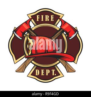 Feuerwehr Emblem mit Roten Helm und Achsen. Feuerwehrmann Abzeichen in Gravur Stil gezeichnet. Vector Illustration Stock Vektor