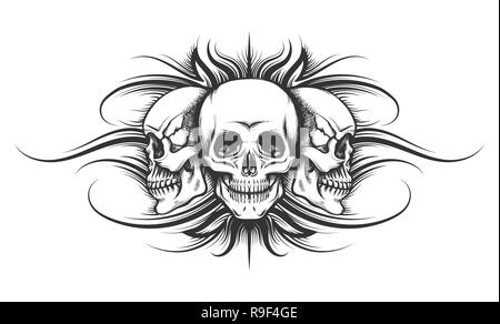 Drei menschlichen Schädel Tattoo Stil gezeichnet. Vector Illustration. Stock Vektor