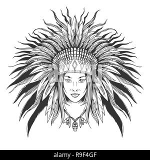 Hand indische Mädchen in Federn War bonnet gezeichnet. Vector Illustration. Stock Vektor